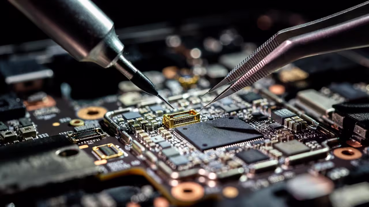 Smartphone being inspected for repair on a workbench