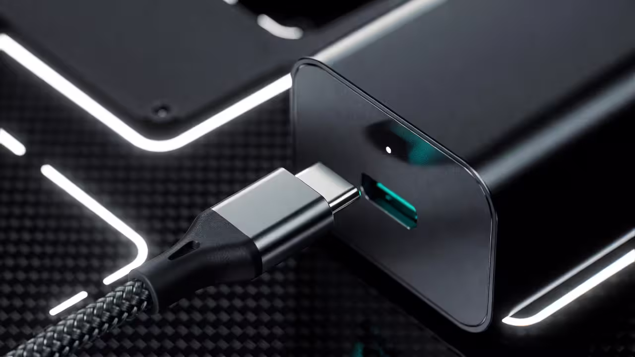 Fast charger and charging accessories on a clean surface